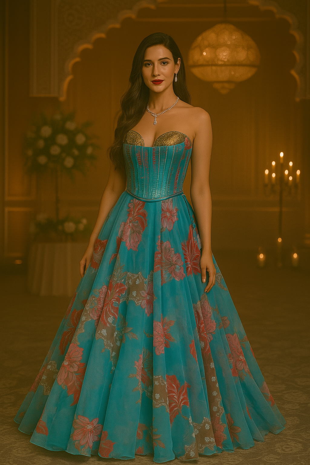AQUA FLORAL PRINTED CORSET LEHENGA